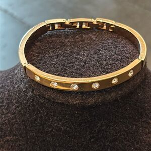 Gold Tone Rhinestone Bangle Bracelet Small Lion Stamped Logo​​